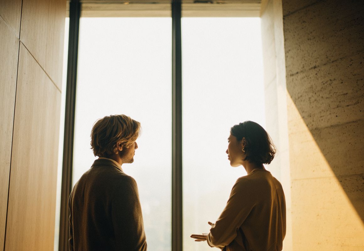 AI-generated image. Photograph two people talking at the end of a meeting, natural light, the moment the introduction has worked